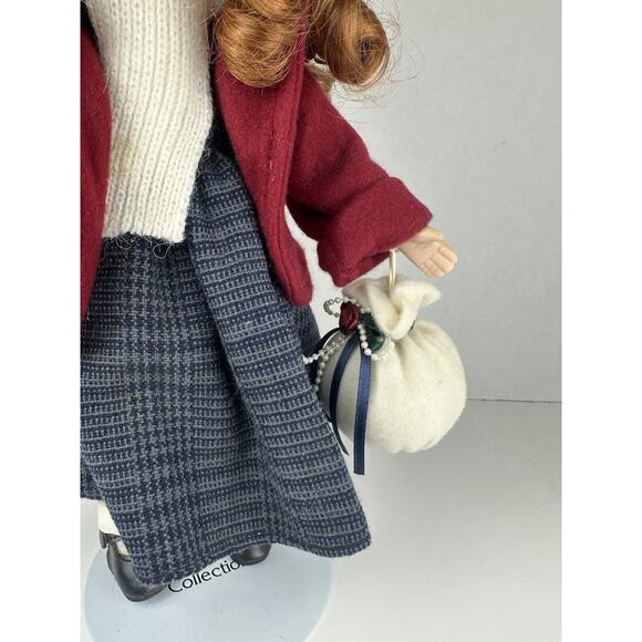 Vintage Porcelain Doll Winter Red Coat plaid dress 13" tall Collectors Choice - Picture 3 of 6
